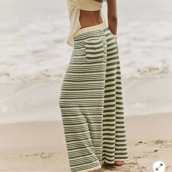Free People Green and Cream Striped Wide Leg Pants - Picture 2 of 13